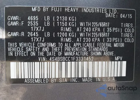 2015 Subaru Outback 2.5I Premium z USA, uszkodzony, nr VIN 4S4BSBCC1F3331452